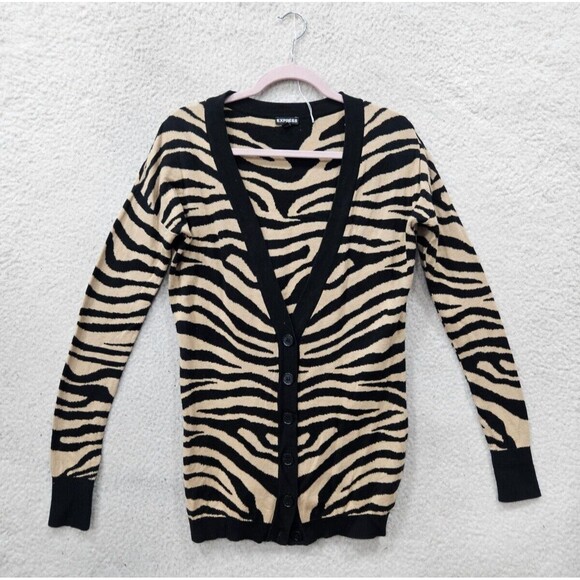 Express Women Sweater Medium Black Animal Print 100% Cotton Long Sleeve Cardigan - Picture 1 of 16